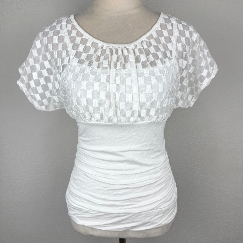 Y2K BCX Womens White Ruched Empire Waist Top Sheer Checkered Mesh VTG Size Med